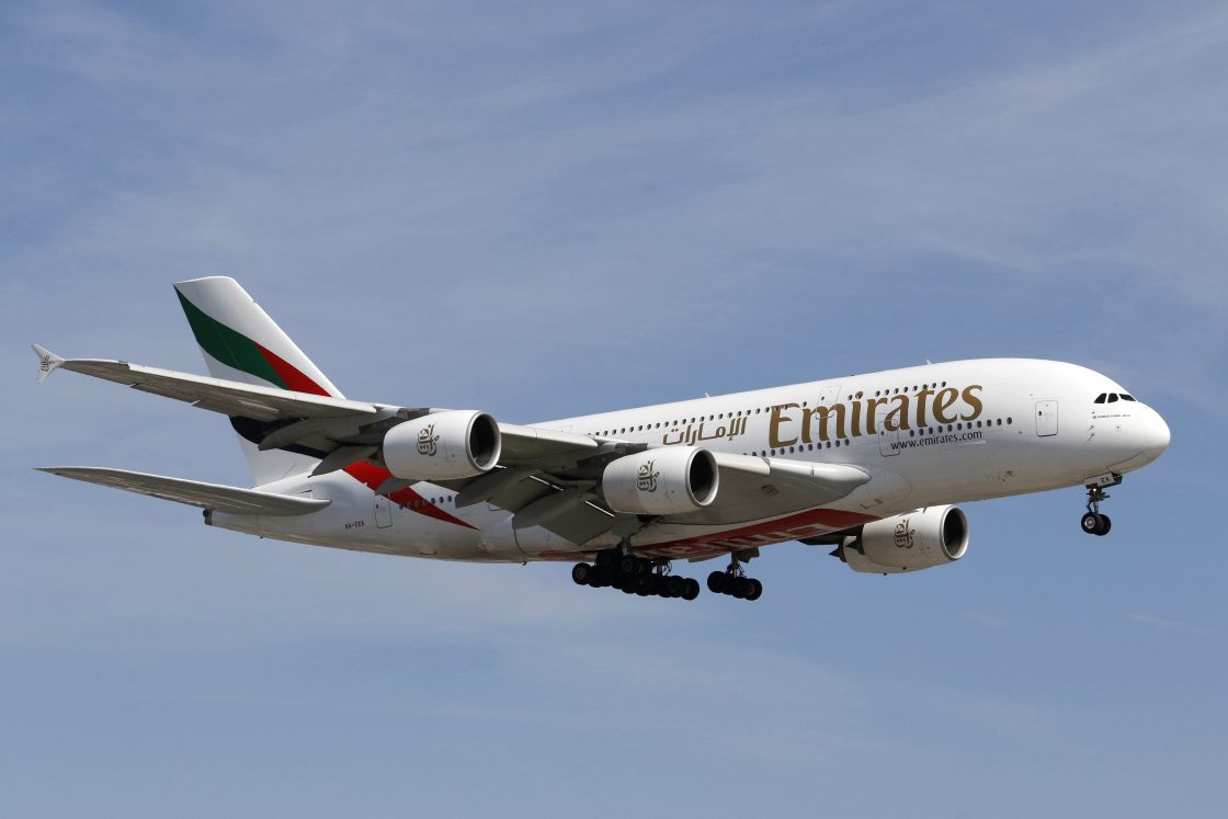 FILE - An Airbus A380 (A380-800) jetliner, operated by United Arab Emirates airline Emirates, lands at Toronto Pearson International Airport in Mississauga, Ontario on April 27, 2023.