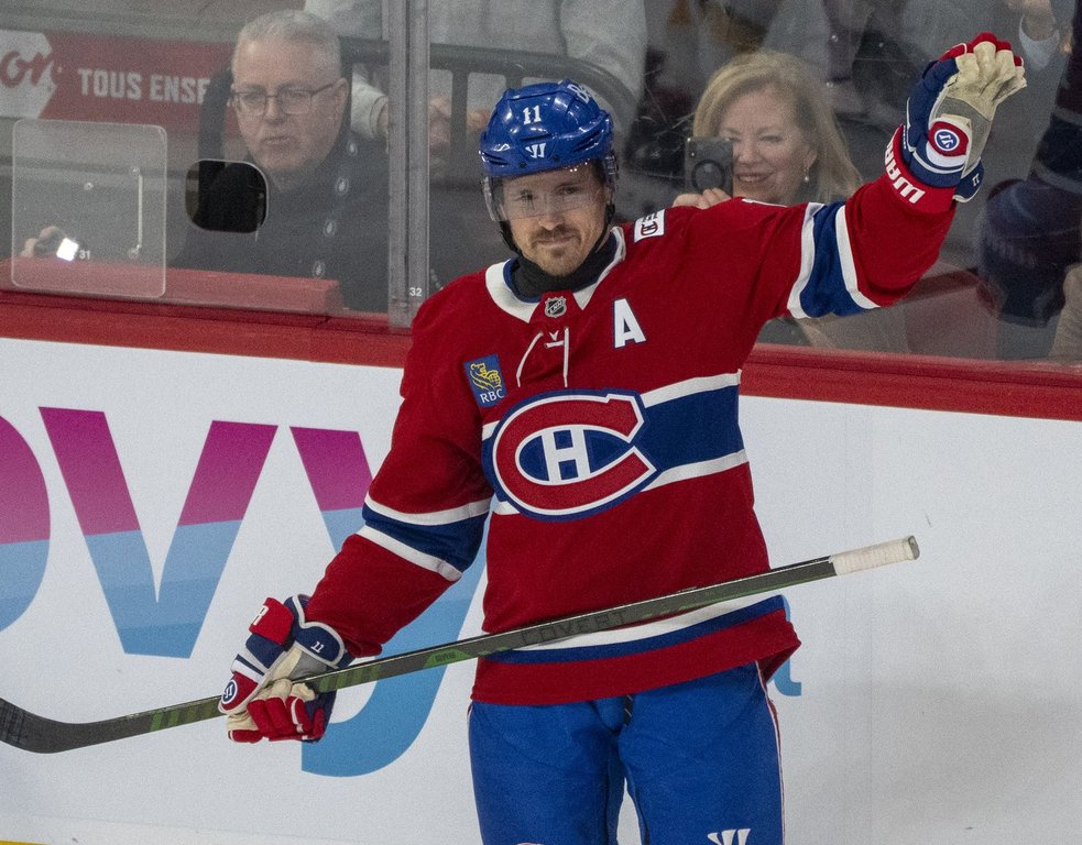 Montreal Canadiens’ Brendan Gallagher (11) reacts as he is acknowledged for his 900th NHL game during first period NHL hockey action against the Boston Bruins in Montreal on Tuesday, March 17, 2026.