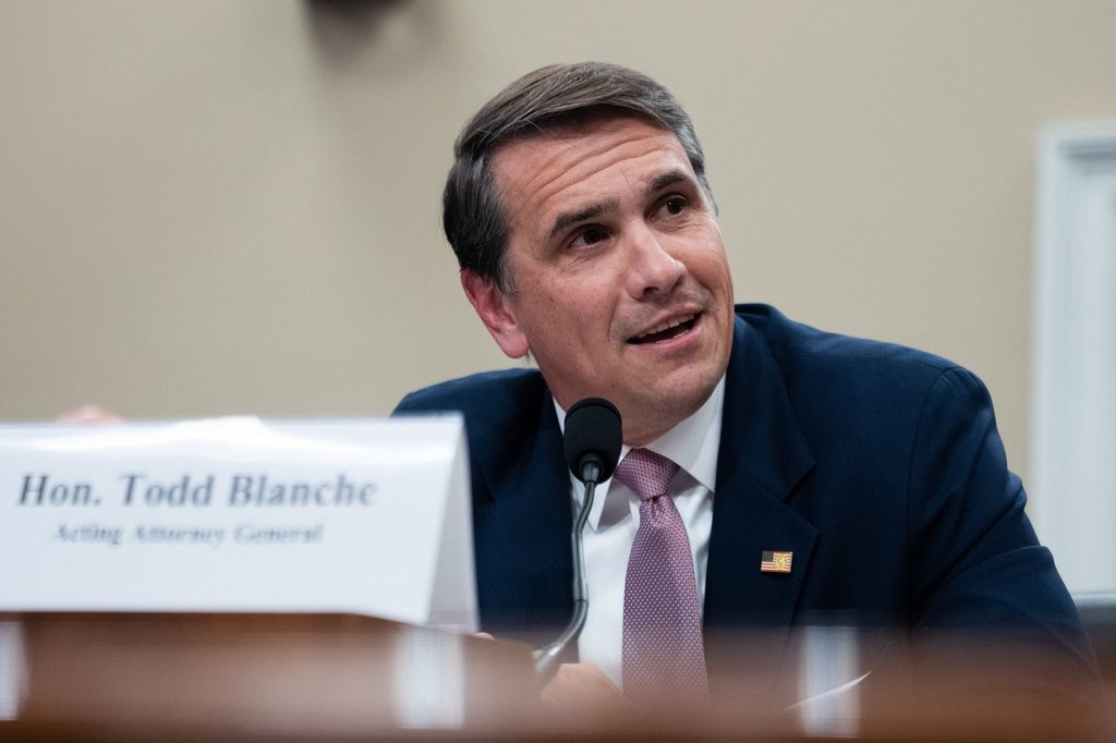 Acting Attorney General Todd Blanche testifies before the House Appropriations Committee, Tuesday, June 2, 2026 in Washington. (AP Photo/Allison Robbert).