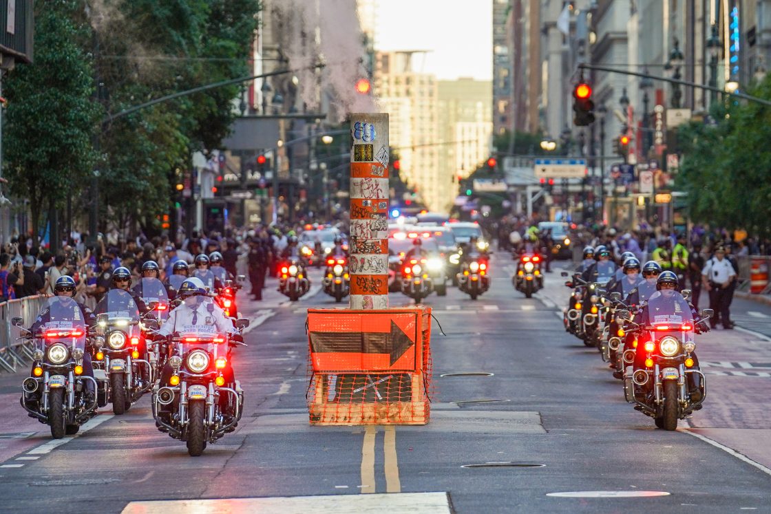 NYPD officers escort the motorcade of President Donald Trump outside of Madison Square Garden ahead of Game 3 of the NBA Finals basketball series, Monday, June 8, 2026, in New York.