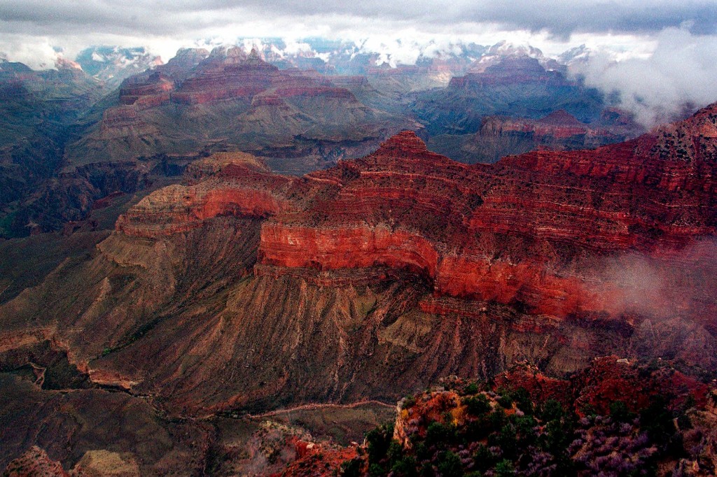 The Kaibab Trail, running right to left at centre, at Grand Canyon National Park on Jan. 20, 2001.