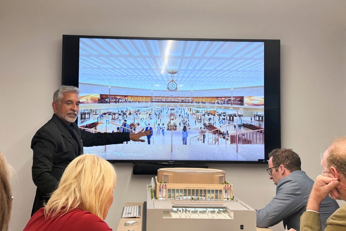 Vishaan Chakrabarti, one of the leaders of the team awarded the project to dramatically redesign New York City's Penn Station, presents architectural designs during a presentation Monday, June 8, 2026, in New York.