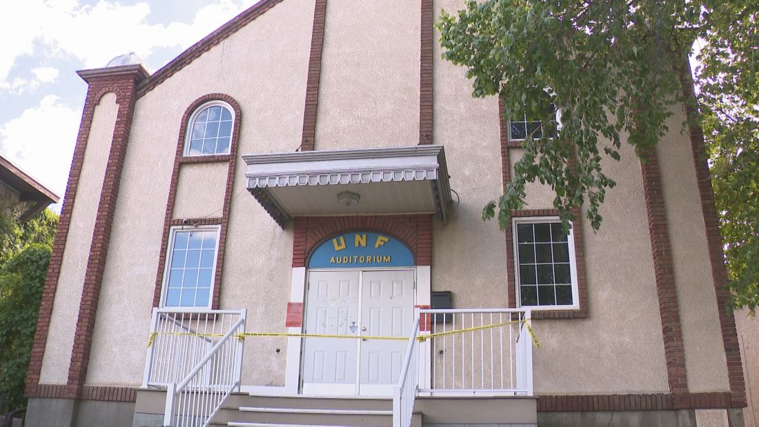 Caution tape was put around the doorway of the Regina Ukrainian National Federation's St. John Street location following a fire that police believe was arson.