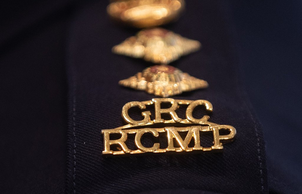 An RCMP epaulette is seen in Edmonton, Wednesday, Feb. 5, 2025. THE CANADIAN PRESS/Jason Franson.
