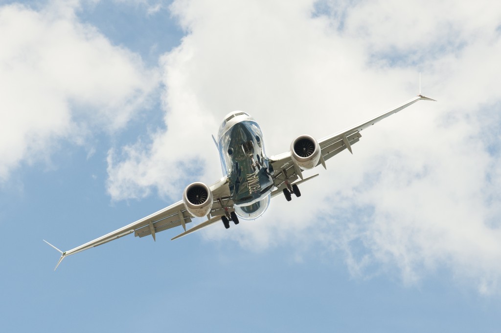 A file photo of a Boeing 737 MAX on a steep angled landing descent to Farnborough Airport, UK.