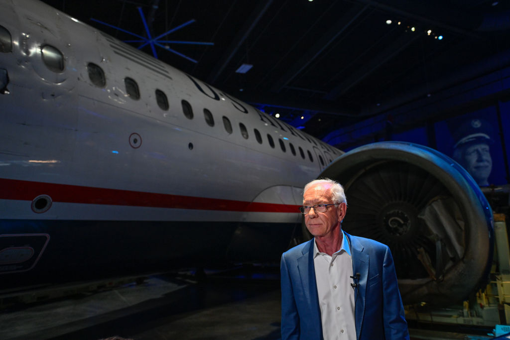 Captain Chesley Burnett 'Sully' Sullenberger attends the opening of the 'Miracle on the Hudson' the Sullenberger Aviation Museum displaying the plane that landed in the river along with him at the Charlotte Douglas International Airport in Charlotte, United States on May 29, 2024.