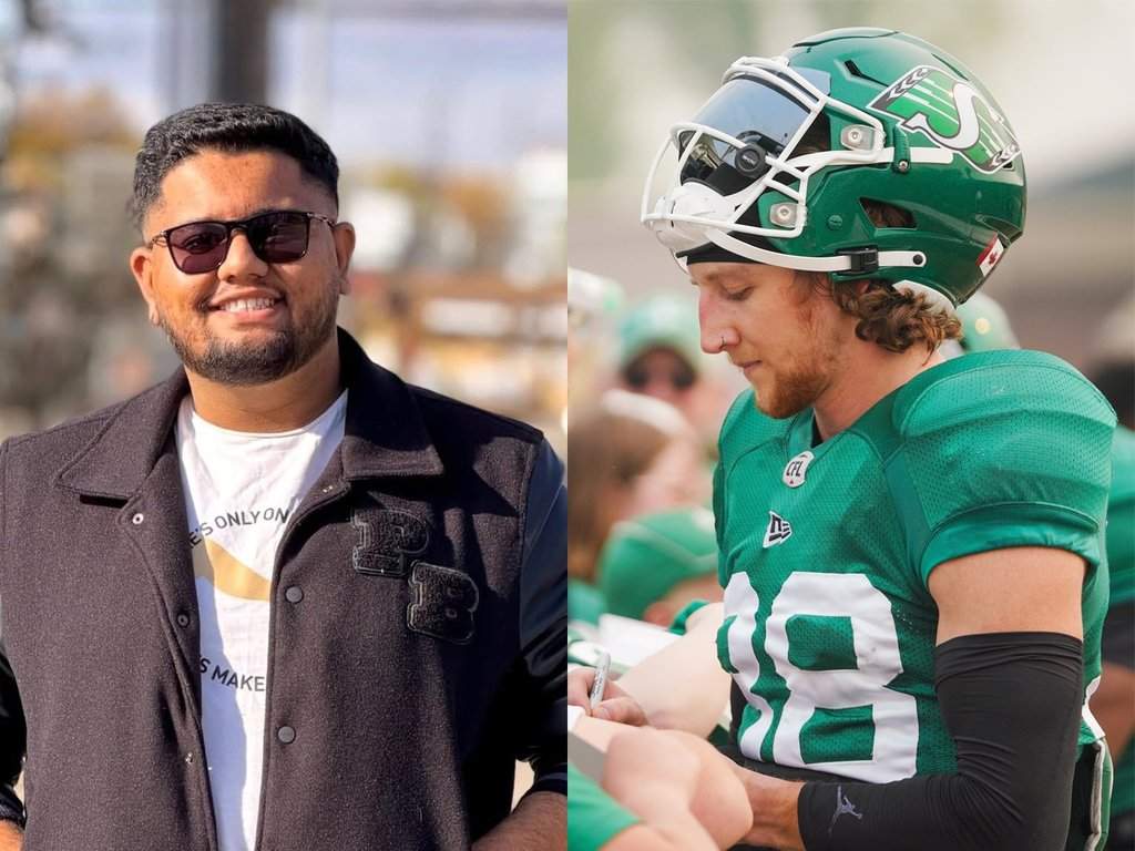 This composite image shows Bhishma Rajyaguru, left, in an undated handout photo and Saskatchewan Roughriders' Jayden Dalke in a May 20, 2023 file photo. THE CANADIAN PRESS/Handout, Tonish Patel (left); Heywood Yu (right); (Mandatory Credit).