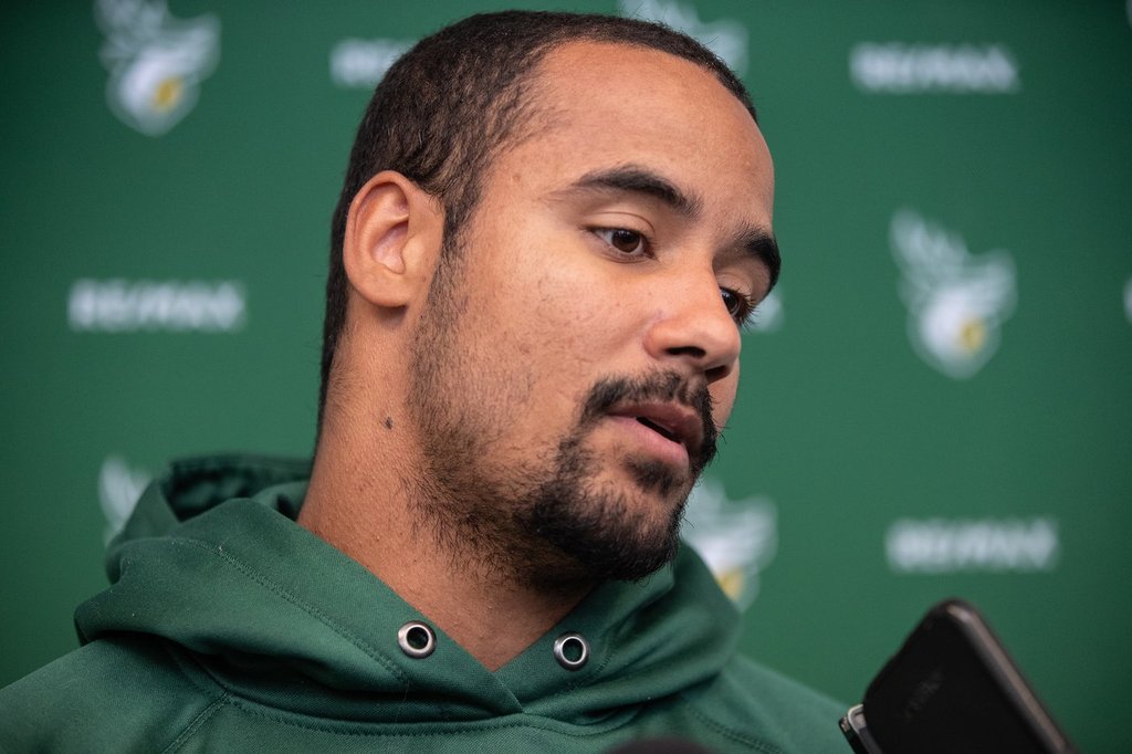 Edmonton Elks quarterback Trey Ford speaks to media during a year end press conference in Edmonton, Monday, Oct. 23, 2023. THE CANADIAN PRESS/Jason Franson.