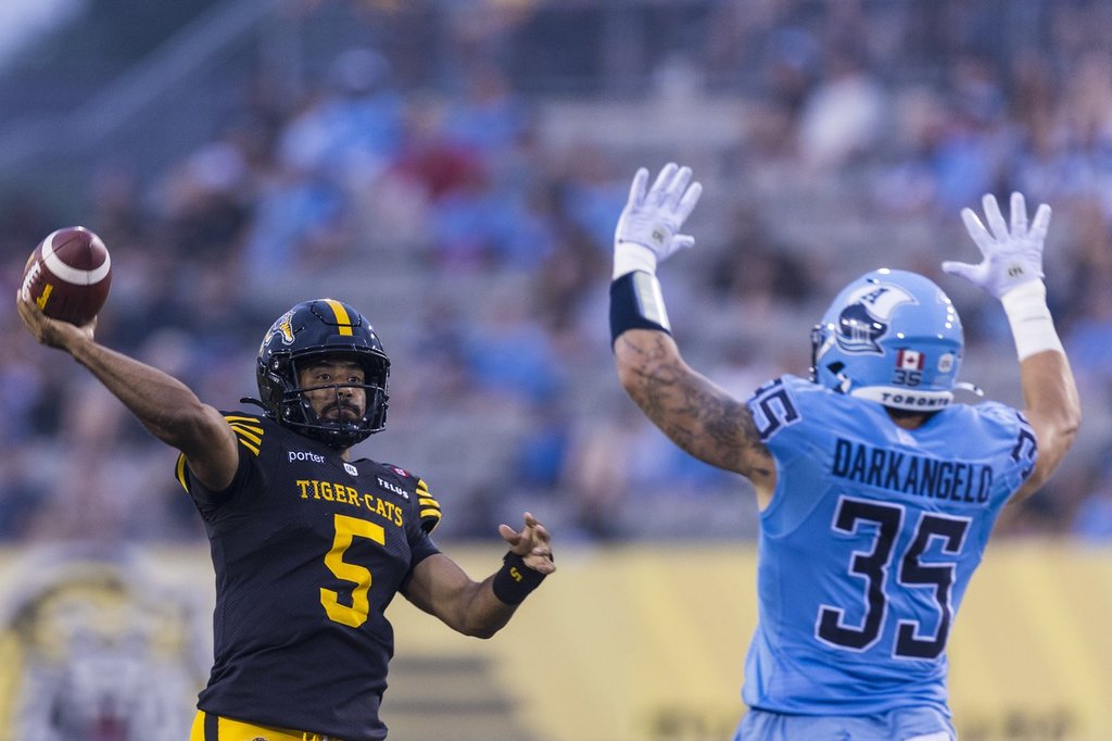 Hamilton Tiger-Cats quarterback Tre Ford attempts a pass during the during first half CFL football action against the Toronto Argonauts, in Hamilton, Saturday, July 18, 2026. THE CANADIAN PRESS/Michael P. Hall.