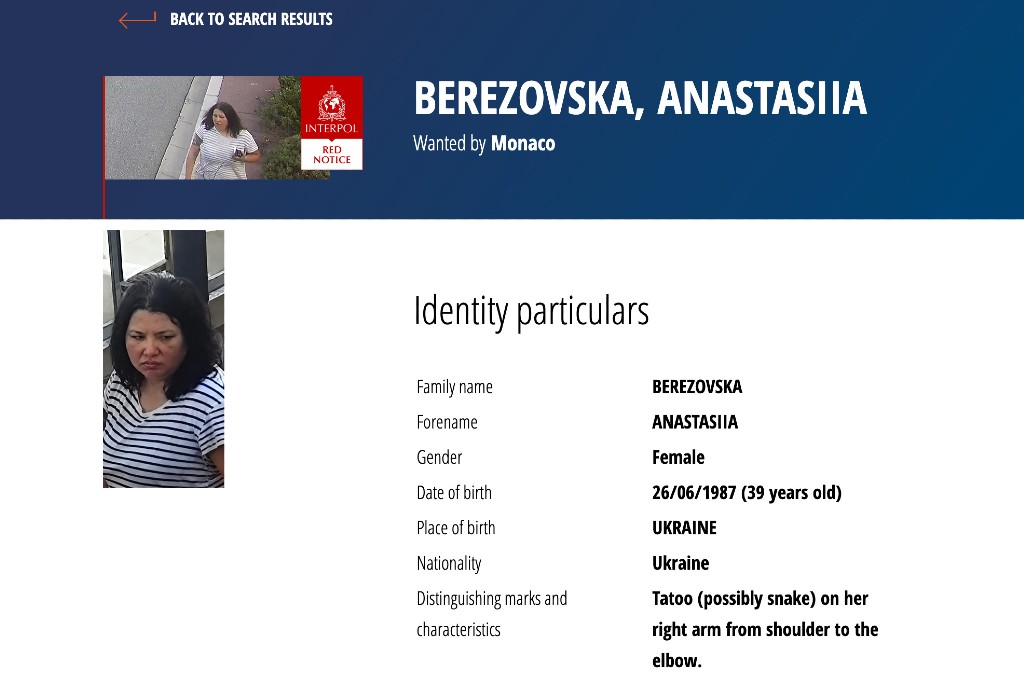This screenshot of the Interpol webpage shows a Red Notice for Anastasiia Berezovska, a suspect in the Monaco bombing that reportedly targeted a Ukrainian tycoon with links to Russia.