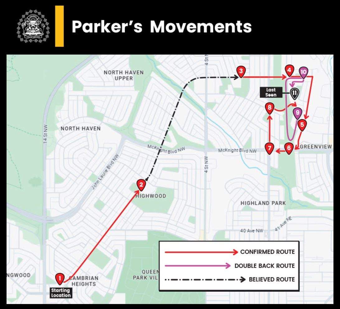 A map, provided by Calgary police on Tuesday, shows the last known locations where Parker was seen and the route he is believed to have followed.