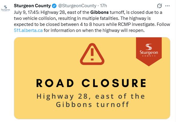 Sturgeon Country said in a post on social media Thursday evening that the crash resulted in "multiple fatalities."